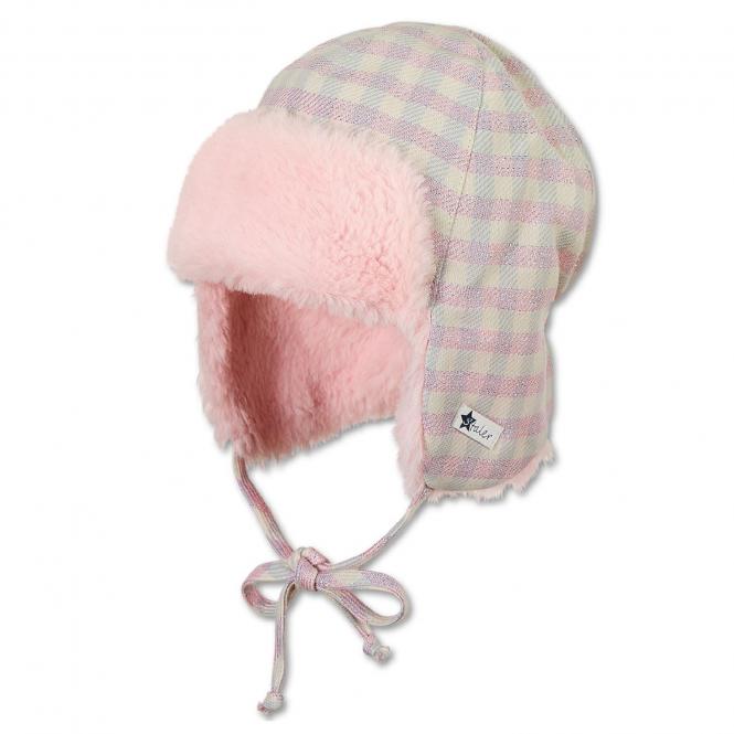 Mädchen Baby Fliegermütze Wintermütze zum Binden mit Ohrenschutz und lilanen Glanzfäden, rosa - 4401921 