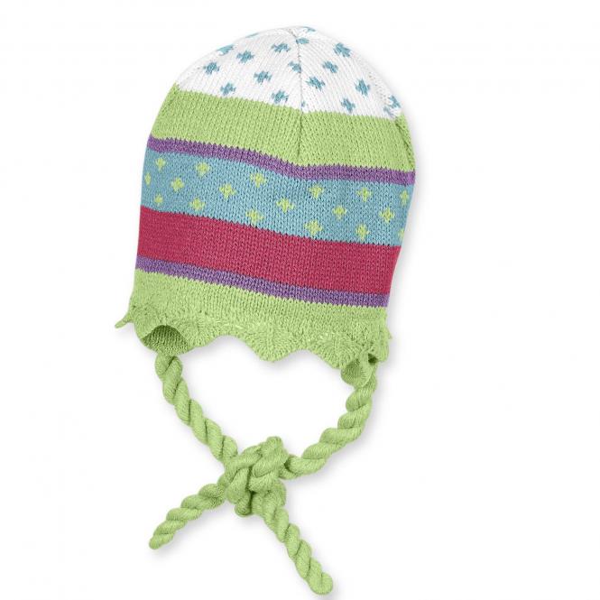 Wintermütze Baby Mädchen Bommelmütze zum Binden Strickmuster, grün 