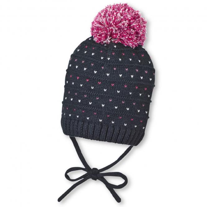 Baby Mädchen Strickmütze gefüttert Baumwollmütze "Herzen" Wintermütze zum Binden mit Bommel, marineblau - 4701900 