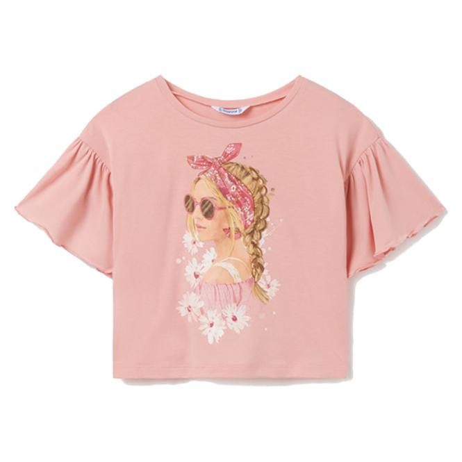 Mayoral Mädchen kurzarm T-Shirt mit Frontprint "Mädchen mit Sonnenbrille" Crop Style, rosa - 6.051 