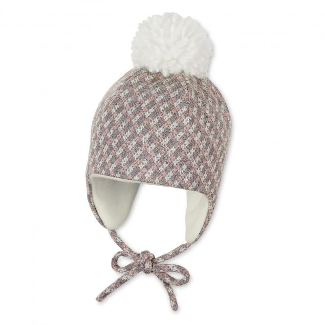 Baby Mädchen Wintermüze aus Baumwollfleece zum Binden gefüttert mit Bommel kariert, rosa - 4402132 