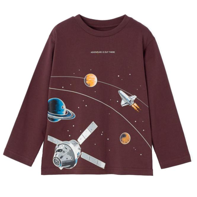 Jungen Langarmshirt, glow in the dark, 100% Baumwolle, gemustert, bedruckt "Weltall", Schriftzug "adventure is out there", weinrot - 4.004 