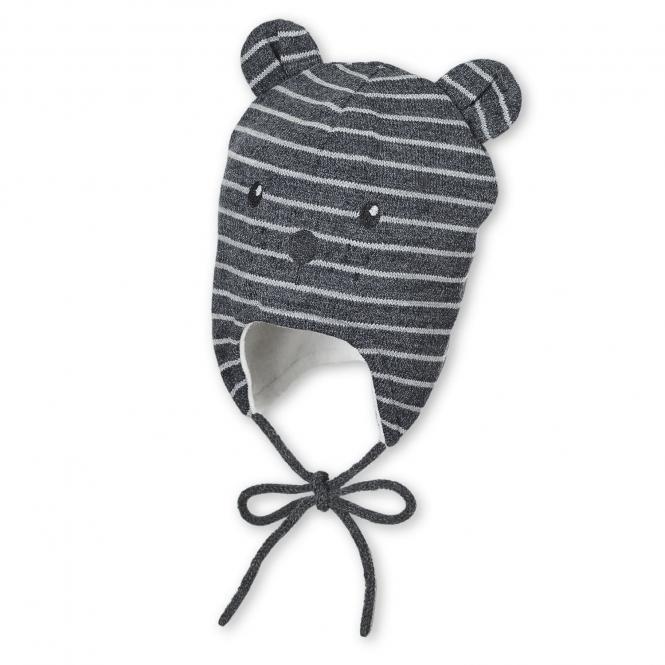 Baby Jungen Strickmütze gefüttert Wintermütze zum Binden mit Öhrchen und Tiergesicht, dunkelgrau mel.  - 4701960 