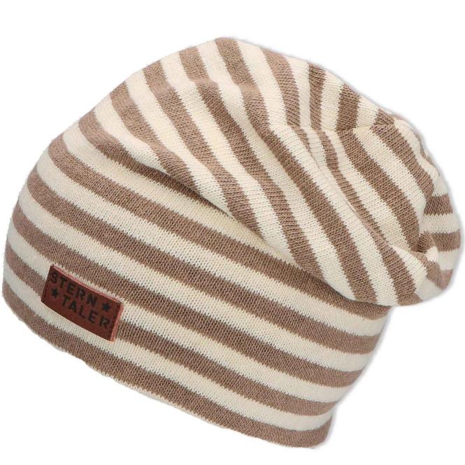 Mädchen Mütze Slouch Beanie Übergangsmütze, gestreift, "Leder Aufnäher" beige - 1522200-ecru 