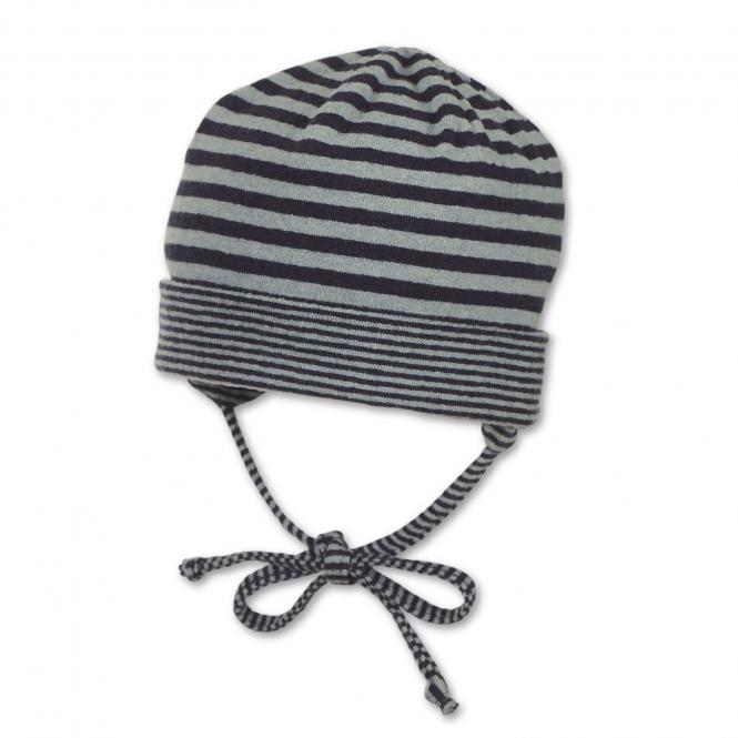 Baby Jungen Beanie mit Baumwollfutter zum Binden Mütze gefüttert gestreift, marineblau grau - 4501900 