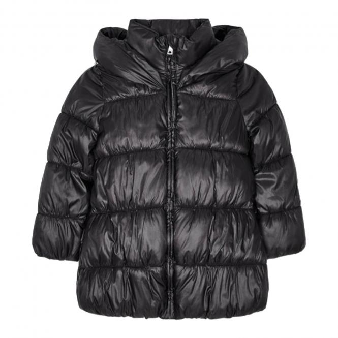 Mädchen Winterjacke gesteppt lang mit Kapuze, Reißverschluss und Jackentaschen, schwarz - 4.443 