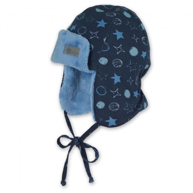 Jungen Baby Wintermütze Fliegermütze gefüttert zum Binden "Sterne", marineblau - 4601952 