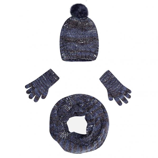 Mädchen 3 teiliges WInterset Schal, Mütze, Handschuhe, blau - 10323b 