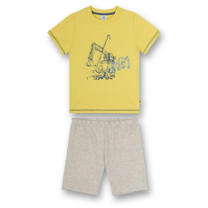 Jungen Schlafanzug kurz, bedruckt "Baustellenfahrzeuge", Hose einfarbig, 100% Baumwolle, gelb-grau - 232871 