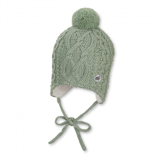 Kinder Junen Mädchen Wintermüze Strickmütze geflochten zum Binden mit Bommel gefüttert, grün - 4702143 