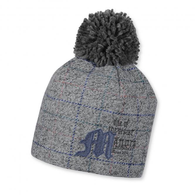 Jungen Beanie mit Bommel gefüttert kariert, grau 