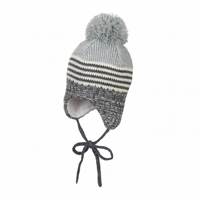Baby Jungen Mütze Wintermütze Strick gefüttert gemustert mit Bommel zum Binden, grau - 4701846,Größe 51 51 | silber mel. | 