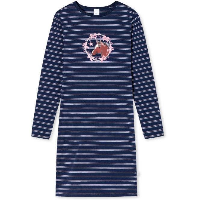 Mädchen Nachthemd Sleepshirt gestreift mit Rundkragen "PFERD und Blumen"-Motiv, dunkelblau - 175330 
