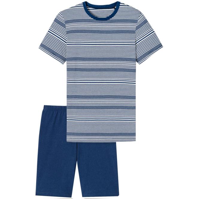 Jungen Schlafanzug kurz Sommer, T-shirt gestreift, Hose einfarbig, elastischer Hosenbund, Single-Jersey, dunkelblau - 176637 