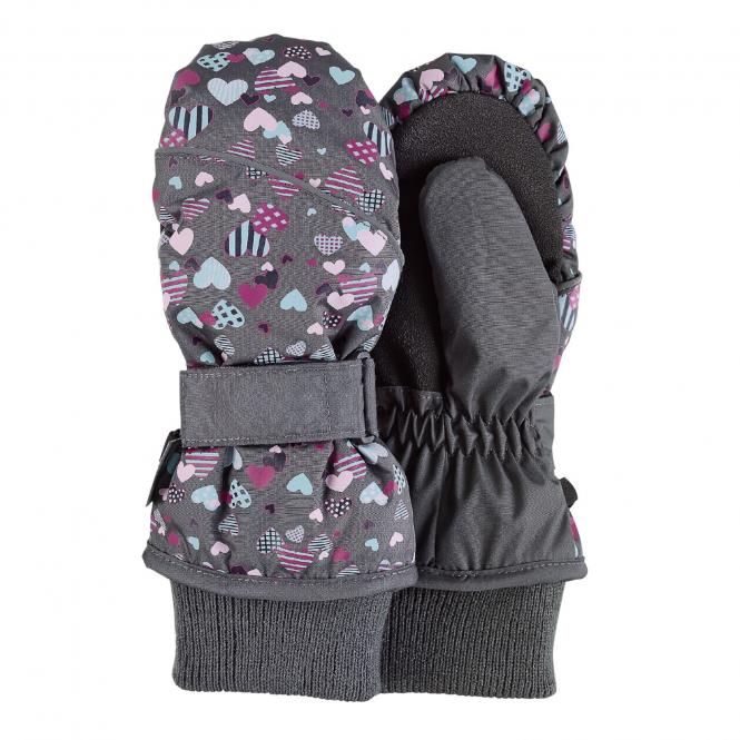 Mädchen Fausthandschuhe Stulpenhandschuhe gefüttert mit Isolierung und Microfleecefutter, Klettverschluss, wasserdicht, atmungsaktiv „pinke Herzen“, eisengrau – 4322001 