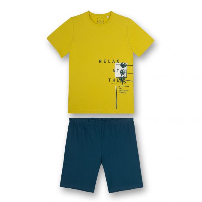 Jungen Schlafanzug kurz, bedruckt ""Relax at the beach", 100% Baumwolle, Hose einfarbig, gelb-blau - 245183 