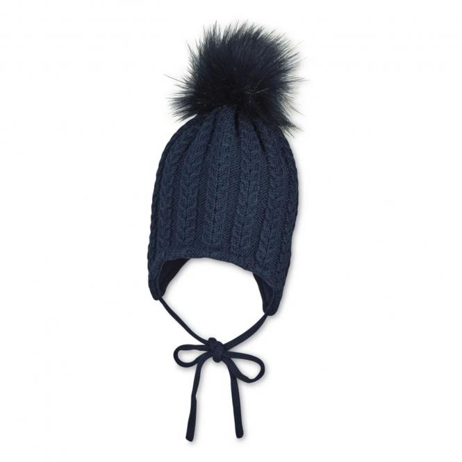 Jungen Baby Strickmütze zum Binden Baumwollmütze mit Kunstpelz-Bommel einfarbig ,marine -4701946 