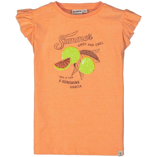 Mädchen Sommer T-shirt kurzarm, gerüschte Ärmel, kurze Ärmel, bedruckt, gemustert, "Summer Vibes", orange - O24406 