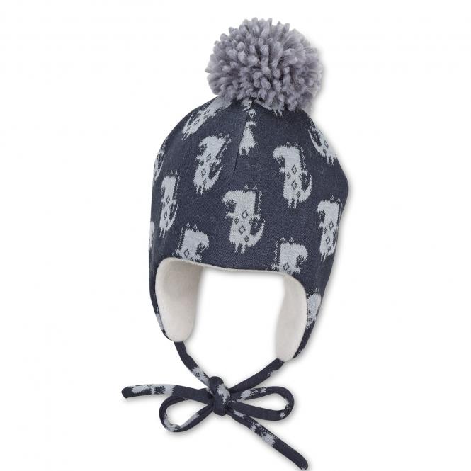 Kinder Jungen Wintermüze aus Baumwollfleece zum Binden mit Bommel gemustert "Dinos"-Allovermotiv, tintenblau - 4602130 