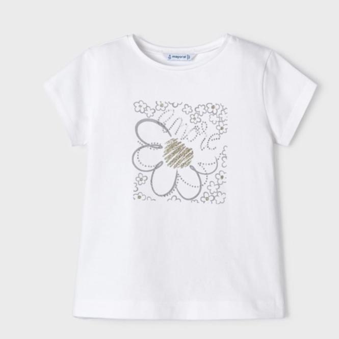 Mayoral Mädchen T-Shirt kurzarm mit Print "Blume" , Glitzersteinen und Glitzer, weiß - 174 