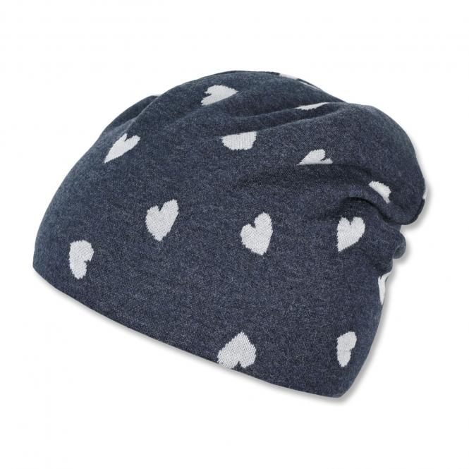 Mädchen Wintermütze Beanie aus Baumwollflecce "Herzen"-Alloverprint, dunkelblau - 4412105 