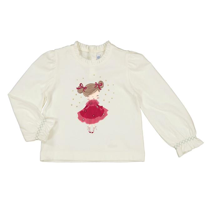 Mayoral Baby-Mädchen Langarmshirt mit Frontprint "Mädchen" mit Tüllrock-Applikation und Rüschenkragen, weiß - 2048 