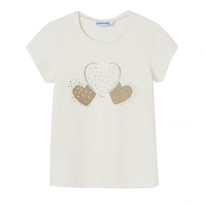 Mädchen T-shirt kurzarm, bedruckt "Herzen", beige - 854b 