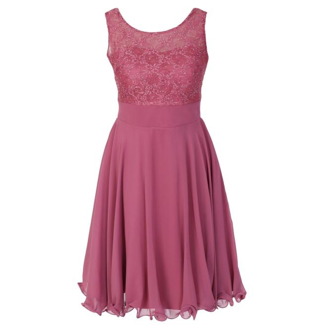 Mädchen Chiffon Kleid kurz knielang festlich, Spitze am Oberteil, Blumenmuster im Brustbereich, Perlen Glitzerseteine, durchsichtige Träger, Polyester, pink - 1371600-fuchsia 