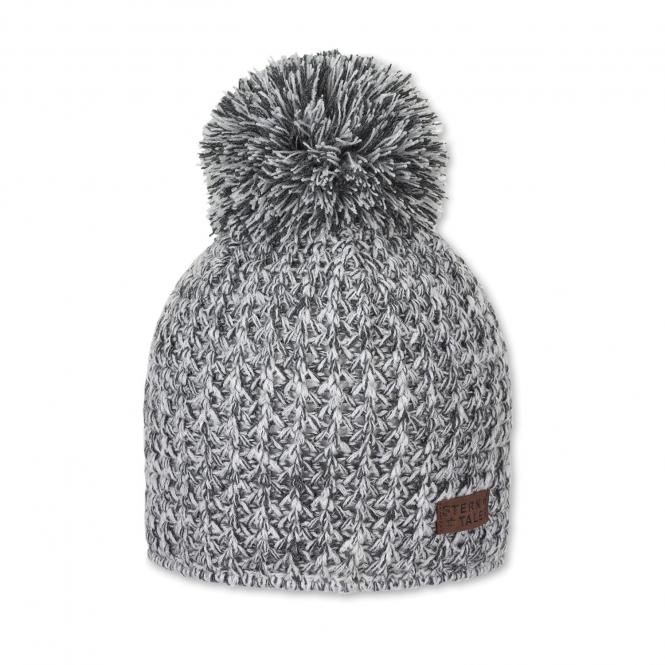 Jungen Wintermütze Strick aus Baumwollflecce mit Bommel und Logobadge, grau - 4722123 