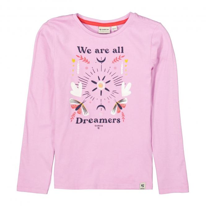 Mädchen Langarmshirt mit Rundkragen und leichte Rüschen"we are all dreamers"-Motiv, purple - I14401 