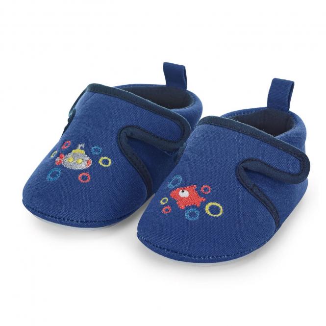 Jungen Kinder Baby Schuhe Krabbelschuhe mit Klettverschluss und rutschfester Sohle für innen und außen „U-Boot/Fisch“, blau – 2302061 