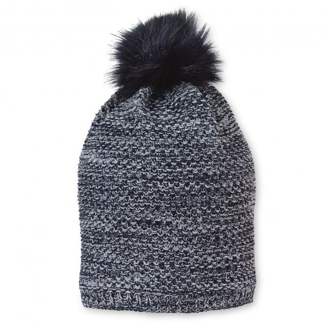 Mädchen Strickmütze Wintermütze mit Glanzfäden, Microfleece und Kunstpelz-Bommel, marineblau grau - 4721912 