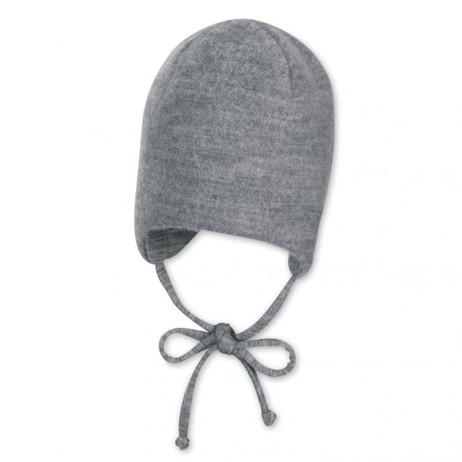 Baby Jungen Mütze Wintermütze zum binden, Erstlingsgröße, 100% Wolle, gefüttert, einfarbig, grau - 4502122-silbe 