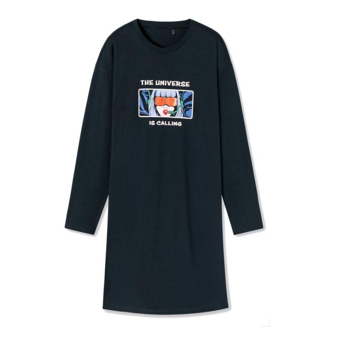 Schiesser Mädchen Nachthemd lang mit Frontprint Frau und Schriftzug aus 100% Organic Cotton, blau - 179969 