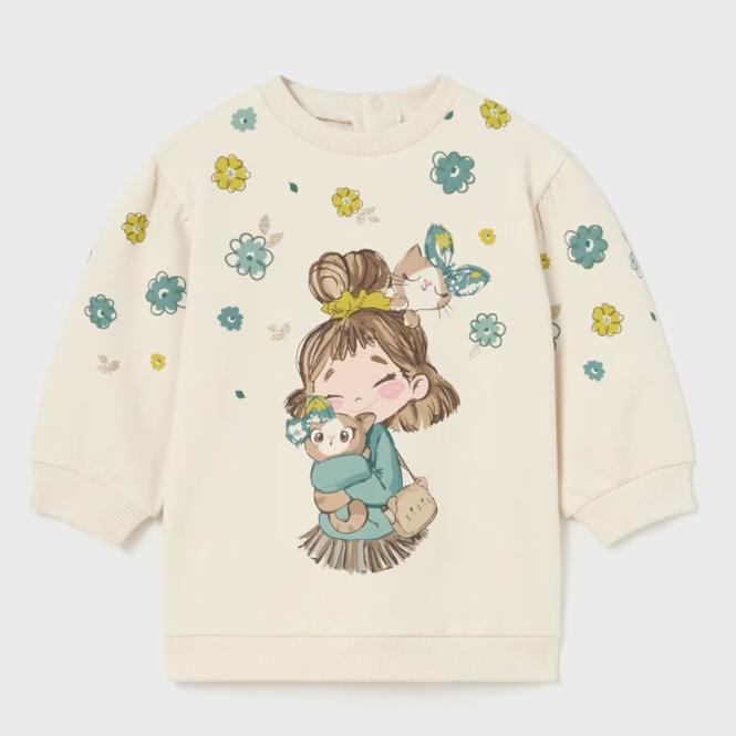 Mayoral Baby-Mädchenkleid mit großem Druckmotiv "Mädchen mit Katze", cremeweiß -  2922 